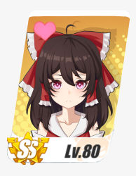 Rule 34 | ahoge, blush, bow, brown hair, closed mouth, collarbone, commentary request, detached sleeves, face, frilled bow, frills, hair tubes, hakurei reimu, highres, honkai (series), honkai impact 3rd, medium hair, parody, penglai de yu, red bow, red eyes, red vest, sidelocks, touhou, vest, white sleeves
