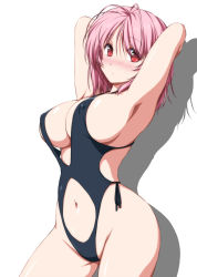 Rule 34 | 1girl, armpits, arms behind head, arms up, black one-piece swimsuit, blush, breasts, clothing cutout, commentary request, covered erect nipples, cowboy shot, drop shadow, groin, hair between eyes, highres, large breasts, looking at viewer, navel, no headwear, nori tamago, nose blush, one-piece swimsuit, pink hair, red eyes, saigyouji yuyuko, short hair, side-tie swimsuit, simple background, solo, standing, stomach, stomach cutout, swimsuit, thighs, touhou, white background