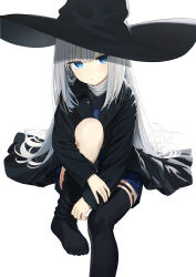 Rule 34 | 1girl, absurdres, black coat, black hat, black thighhighs, blue dress, blue eyes, blush, closed mouth, coat, dress, grey hair, hair between eyes, hat, highres, hugging own legs, invisible chair, long hair, long sleeves, looking at viewer, open clothes, open coat, original, simple background, sitting, solo, thigh strap, thighhighs, turtleneck, very long hair, wasabi60, white background, witch hat