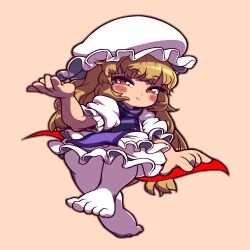 Rule 34 | 1girl, blonde hair, blush, brown background, brown eyes, closed mouth, commentary request, dress, frilled dress, frilled sleeves, frills, full body, gap (touhou), half-closed eyes, hand up, hat, highres, long hair, looking at viewer, medium bangs, mob cap, no shoes, pantyhose, puffy short sleeves, puffy sleeves, purple tabard, short sleeves, simple background, smile, solo, tabard, toes, tonchamon san, touhou, very long hair, white dress, white hat, white pantyhose, yakumo yukari