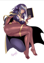 Rule 34 | 1girl, ass, black hair, blue eyes, blush, bodysuit, book, breasts, bridal garter, cape, cavalry (maslow), circlet, cleavage, crossed legs, feet, fire emblem, fire emblem awakening, full body, highres, lipstick, long hair, looking at viewer, makeup, nintendo, no shoes, solo, tharja (fire emblem), twintails, two side up, white background