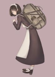 Rule 34 | 1girl, absurdres, apron, backpack, bag, black hair, bob cut, canteen, commentary request, full body, hennekobakatesu, highres, maid, maid apron, maid headdress, mary janes, original, shoes, short hair, simple background, solo