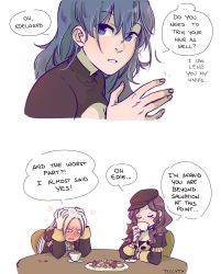 Rule 34 | 3girls, blue eyes, blue hair, brown hair, byleth (female) (fire emblem), byleth (fire emblem), cleavage cutout, clothing cutout, comic, cup, dorothea arnault, earrings, edelgard von hresvelg, english text, fire emblem, fire emblem: three houses, food, garreg mach monastery uniform, hat, head in hand, highres, jewelry, long hair, multiple girls, nintendo, pastry, simple background, teacup, ticcy, uniform