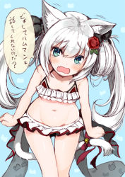 Rule 34 | 1girl, alternate costume, alternate hairstyle, animal ears, arms at sides, azur lane, bell, blue eyes, cat ears, cat tail, clenched hands, flower, hair flower, hair ornament, hair ribbon, hammann (azur lane), hammann (rebellious summer) (azur lane), long hair, looking at viewer, minamura haruki, navel, ribbon, silver hair, simple background, solo, swimsuit, tail, tail bell, tail ornament, tail ribbon, tears, translation request, twintails