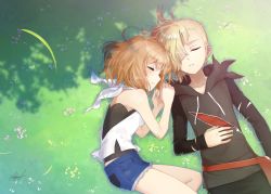 Rule 34 | 1boy, 1girl, alternate costume, bad id, bad pixiv id, blonde hair, blush, commentary, couple, creatures (company), cutoff jeans, cutoffs, denim, denim shorts, earclip, flower, from above, game freak, gladion (pokemon), grass, halterneck, hand on another&#039;s shoulder, hand on own stomach, hood, hoodie, leaf, light brown hair, lying, nintendo, on side, pokemon, pokemon sm, pouch, rupinesu, selene (pokemon), shade, shirt, shorts, signature, sleeping, torn clothes, torn shirt
