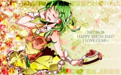 Rule 34 | 1girl, bare shoulders, dated, closed eyes, goggles, green hair, gumi, happy birthday, music, nou (nounknown), open mouth, short hair, singing, skirt, solo, vocaloid, wrist cuffs