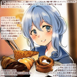 Rule 34 | 1girl, blue eyes, blue hair, blue sailor collar, blush, bread, cake, collarbone, colored pencil (medium), commentary request, cream, dated, eyelashes, food, gloves, gotland (kancolle), hair between eyes, hair bun, head tilt, holding, holding tray, kantai collection, kirisawa juuzou, long hair, looking at viewer, military, military uniform, mole, mole under eye, numbered, open mouth, parted lips, sailor collar, single hair bun, smile, solo, tongs, traditional media, translation request, tray, twitter username, uniform, upper body, white gloves