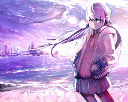 Rule 34 | 1girl, aguhari, backlighting, breath, building, city, cityscape, cloud, cloudy sky, coat, earmuffs, expressionless, ferris wheel, green eyes, hands in pockets, headphones, horizon, long hair, long sleeves, looking at viewer, monochrome, ocean, open clothes, open coat, original, pantyhose, pleated skirt, purple sky, purple theme, shore, skirt, sky, skyscraper, solo, sweater, turtleneck, very long hair, water, waves, winter clothes