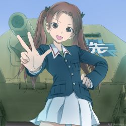 Rule 34 | 10s, 1girl, artist name, bad id, bad pixiv id, bow, brown eyes, brown hair, chimaki (u9works), day, emblem, girls und panzer, hair bow, hand on own hip, head tilt, jagdpanzer 38(t), kadotani anzu, long hair, looking at viewer, matching hair/eyes, military, military vehicle, motor vehicle, ooarai (emblem), open mouth, signature, sketch, sky, smile, solo, tank, tank destroyer, twintails, uniform, v