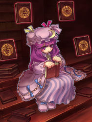 Rule 34 | 1girl, book, female focus, hat, indoors, patchouli knowledge, sankuma, sitting, solo, touhou