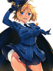 Rule 34 | 1girl, antenna hair, black panties, blonde hair, blue cape, blue eyes, blue gloves, blue jacket, blue necktie, blue skirt, breast pocket, breasts, cape, chris westland, collared shirt, colored eyelashes, commentary, commentary request, gloves, hair between eyes, hat, highres, holding, holding clothes, holding hat, jacket, kinsou no vermeil, kurikoma (mxmt5784), lace, lace-trimmed panties, lace trim, large breasts, light blush, looking at viewer, medal, medium hair, military hat, necktie, outstretched arm, panties, panty peek, partial commentary, pocket, shirt, short hair, skirt, smile, solo, thick eyebrows, thighs, tongue, underwear, unworn hat, unworn headwear, white background, white shirt, wind, wind lift
