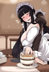 Rule 34 | 1girl, black hair, blush, breasts, camerata, closed eyes, coffee, highres, hime cut, huge breasts, kaguya jingu, lactation, lactation through clothes, long hair, maid, open mouth, pov, smile, solo, under night in-birth