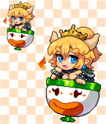 Rule 34 | 1girl, black dress, blonde hair, blue eyes, blush, bowsette, bracelet, breasts, breath weapon, breathing fire, chibi, cleavage, collar, commentary request, dress, earrings, eyebrows, fangs, fire, hair between eyes, happy, horns, jewelry, koopa clown car, looking at viewer, lowres, mario (series), new super mario bros. u deluxe, nintendo, open mouth, patterned background, pixel art, pointy ears, ponytail, shirosu, sidelocks, smile, solo, spiked bracelet, spiked collar, spiked shell, spikes, super crown, thick eyebrows