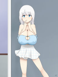 Rule 34 | bare legs, bare shoulders, blue eyes, blue shirt, breasts, breasts squeezed together, bursting breasts, checkered clothes, checkered skirt, cleavage, cleavage cutout, closed mouth, clothing cutout, covered erect nipples, detached sleeves, furrowed brow, hand to own mouth, highres, huge breasts, medium hair, oppai loli, original, shirt, skirt, sleeveless, sleeveless shirt, standing, white hair, white skirt, xtaylormoonx