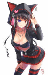 Rule 34 | 1girl, animal hood, black hair, blush, breasts, cat hood, cleavage, collarbone, commentary request, heterochromia, hood, jewelry, large breasts, long sleeves, looking at viewer, miniskirt, nail polish, necklace, nekozuki yuki, original, purple eyes, red eyes, red nails, signature, simple background, skirt, smile, solo, striped clothes, striped thighhighs, thighhighs, unzipped, white background