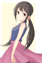 Rule 34 | 1girl, absurdres, bare shoulders, black hair, blue shirt, bracelet, brown eyes, clenched hand, closed mouth, from side, hair ornament, hair scrunchie, hand on own chest, highres, idolmaster, idolmaster cinderella girls, jewelry, long hair, long skirt, looking at viewer, low twintails, nakano yuka, oscar 08, pink scrunchie, pink skirt, scrunchie, shirt, skirt, sleeveless, sleeveless shirt, smile, solo, twintails, very long hair