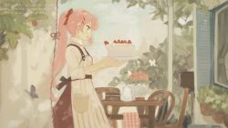 Rule 34 | 1girl, apron, black sash, blue eyes, blue sky, bow, bug, butterfly, cake, chisato charme, cloud, cloudy sky, cursive, curtains, day, english text, flower, foliage, food, from side, hair bow, hair ornament, hairclip, highres, holding, holding cake, holding food, insect, long hair, long sleeves, looking ahead, open mouth, original, outdoors, pink flower, pink hair, pink rose, plant, ponytail, potted plant, red bow, red skirt, rose, sash, shirt, skirt, sky, smile, solo, standing, strawberry cake, striped apron, striped clothes, table, teapot, vertical-striped apron, vertical-striped clothes, white apron, white shirt, window