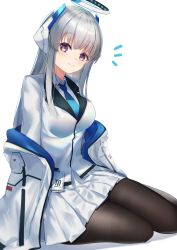 Rule 34 | 1girl, absurdres, black pantyhose, blue archive, blue necktie, breasts, collared shirt, e buki, formal, grey hair, hair between eyes, halo, headphones, highres, id card, jacket, large breasts, long hair, looking at viewer, mechanical halo, necktie, noa (blue archive), open clothes, open jacket, open mouth, pantyhose, purple eyes, shirt, simple background, sitting, skirt, solo, suit, uniform, white background, white jacket, white shirt, white skirt, white suit