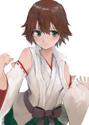 Rule 34 | 1girl, 73suke, bare shoulders, belt, black belt, black bow, blush, bow, breasts, brown hair, clenched hand, closed mouth, commentary, detached sleeves, flipped hair, green eyes, green skirt, hair between eyes, hiei (kancolle), highres, japanese clothes, kantai collection, light smile, long sleeves, looking at viewer, medium breasts, no headgear, nontraditional miko, outstretched arm, plaid, plaid skirt, pleated skirt, ribbon-trimmed sleeves, ribbon trim, shirt, short hair, simple background, skirt, sleeveless, sleeveless shirt, smile, solo, unfinished, upper body, white background, white shirt, wide sleeves
