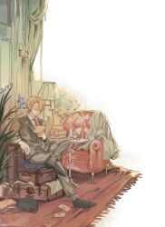 Rule 34 | 1boy, beens 1995, black suit, blonde hair, book, candle, cat, chair, closed eyes, crossed legs, cup, formal, highres, holding, holding letter, indoors, lamp, letter, love letter, necktie, one piece, plant, potted plant, red necktie, sanji (one piece), shirt, short hair, sitting, smile, suit, table, teacup, white shirt