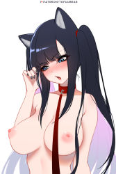 Rule 34 | 1girl, absurdres, animal ears, black hair, blue eyes, blunt bangs, blush, breasts, collar, fang, twirling hair, highres, large breasts, leash, long hair, looking away, nail polish, nipples, original, patreon username, reiko (tofuubear), sidelocks, simple background, solo, tofuubear, twintails, upper body, viewer holding leash, white background