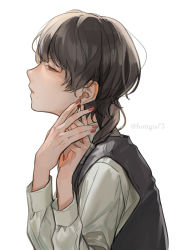 Rule 34 | 1boy, absurdres, brown hair, earrings, from side, highres, jewelry, kashuu kiyomitsu, male focus, mole, mole under mouth, nail polish, ponytail, red eyes, red nails, shi niao, solo, touken ranbu, twitter username, upper body, waistcoat