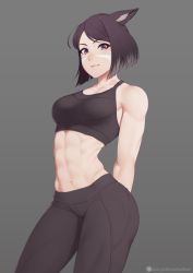 Rule 34 | 1girl, abs, animal ears, warrior of light (ff14), black hair, breasts, cat ears, commission, facial mark, final fantasy, final fantasy xiv, grey background, highres, leggings, looking at viewer, medium breasts, miqo&#039;te, navel, parted bangs, putcher, short hair, skeb commission, smile, solo, sports bra, sportswear, toned