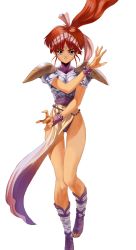 Rule 34 | 1girl, absurdres, alisia dragoon, alisia dragoon (character), armor, blue eyes, brown hair, facial mark, forehead mark, full body, headband, highres, legs, loincloth, long hair, oggy (oggyoggy), panties, pauldrons, ponytail, sandals, shirt, shoulder armor, smile, solo, standing, standing on one leg, thigh gap, transparent background, underwear, white background, wristband