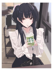 Rule 34 | 1girl, absurdres, black hair, black skirt, blurry, blurry background, cafe, cup, disposable cup, drinking, drinking straw, frilled shirt collar, frills, highres, holding, holding cup, idolmaster, idolmaster shiny colors, indoors, leather bag, looking at viewer, mayuzumi fuyuko, ryus, shirt, sitting, skirt, solo, starbucks, two side up, white shirt, wide sleeves