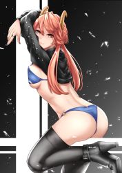 Rule 34 | 1girl, ass, bikini, black jacket, black nails, blue bikini, breast press, breasts, brown eyes, brown hair, closed mouth, from side, hair between eyes, high heels, highres, horns, jacket, jewelry, long hair, long sleeves, looking at viewer, low twintails, medium breasts, nail polish, o-ring, o-ring bikini, original, ring, sideboob, smile, solo, standing, standing on one leg, swimsuit, thighhighs, twintails, very long hair, z umeshi