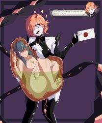 Rule 34 | 2girls, absurdres, big belly, breasts, byleth (female) (fire emblem), byleth (fire emblem), cleavage, cleavage cutout, clothing cutout, colored skin, english text, fire emblem, fire emblem: three houses, green eyes, green hair, highres, inside view, kronya (fire emblem), leotard, letter, lipstick, makeup, multiple girls, nintendo, nude, orange hair, shaded-seraphim, stamp, stomach bulge, vore, white skin, x-ray