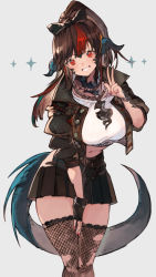 Rule 34 | 1girl, au ra, warrior of light (ff14), black gloves, black jacket, black skirt, black thighhighs, blunt bangs, bow, breasts, brown hair, buttons, commission, crop top, cropped jacket, dragon girl, dragon horns, dragon tail, feet out of frame, final fantasy, final fantasy xiv, fingerless gloves, fishnet thighhighs, fishnets, gloves, grey background, grin, hair bow, hand on own thigh, hand up, high ponytail, highres, horns, jacket, jewelry, kemomin nosuke, large breasts, leaning forward, legs together, long hair, looking at viewer, midriff, multicolored hair, nail polish, navel, no pupils, open clothes, open jacket, pendant, red eyes, red hair, red nails, scales, shirt, simple background, single glove, skeb commission, skirt, smile, solo, sparkle, standing, streaked hair, tail, thighhighs, torn clothes, torn thighhighs, two-tone hair, v, white shirt