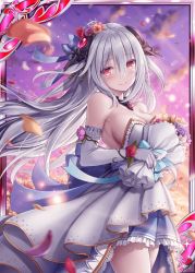 Rule 34 | 1girl, akkijin, armpits, bare shoulders, blue ribbon, bouquet, breasts, calamity (shinkai no valkyrie), card (medium), crown, dress, embarrassed, flower, gloves, hair ornament, hair ribbon, looking at viewer, medium breasts, official art, petals, red eyes, ribbed dress, ribbon, shinkai no valkyrie, silver hair, sky, solo, sunset, wedding dress, white gloves