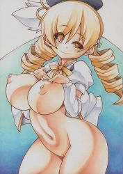 Rule 34 | 10s, 1girl, blonde hair, bottomless, breast suppress, breasts, curvy, drill hair, female focus, hat, huge breasts, long hair, long twintails, looking at viewer, mahou shoujo madoka magica, marker (medium), navel, nipples, no bra, perky breasts, pussy, shirt, smile, solo, standing, tomoe mami, traditional media, twintails, uncensored, yellow eyes, yutakasan-love