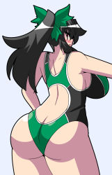 Rule 34 | 1girl, akasode (tyaramu), ass, back, back cutout, bare shoulders, black hair, blush, bow, breasts, butt crack, clothing cutout, competition swimsuit, from behind, hair bow, highres, huge ass, large breasts, long hair, one-piece swimsuit, ponytail, purple eyes, reiuji utsuho, shiny clothes, shiny skin, sideboob, smile, solo, swimsuit, touhou