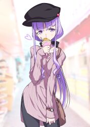 Rule 34 | 1girl, alternate hairstyle, black ribbon, casual, commentary request, eating, eyelashes, hair ornament, hair ribbon, hat, heart, highres, hugtto! precure, long hair, looking at viewer, low ponytail, matatabi (karukan222), ponytail, precure, purple eyes, purple hair, ribbon, ruru amour, solo, standing