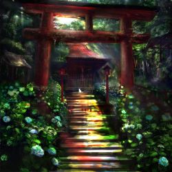 Rule 34 | akira (mydictionary), animal, cat, flower, highres, hydrangea, nature, no humans, original, scenery, shrine, stairs, torii