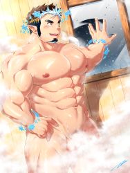 Rule 34 | 1boy, abs, banya (sauna), bara, blush, brown hair, completely nude, convenient censoring, cropped, facial hair, floating, floating object, goatee, groin, highres, large pectorals, long sideburns, male focus, mature male, multicolored hair, muscular, muscular male, navel, nipples, nude, pectorals, penis, pointy ears, sauna, short hair, sideburns, smile, smoke clearing, snowflakes, solo, sparkling eyes, steam, steam censor, stomach, sweat, tepen (tptptpn), tokyo houkago summoners, tomte (housamo), two-tone hair, white hair, window, wooden wall