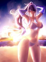 Rule 34 | 1girl, beach, bikini, blue eyes, breasts, brighid (xenoblade), collarbone, fire, gloves, hakusai (hksicabb), highres, long hair, looking at viewer, navel, nintendo, simple background, smile, solo, sun, sunset, swimsuit, xenoblade chronicles (series), xenoblade chronicles 2