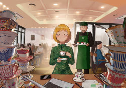 Rule 34 | apron, barista, blonde hair, blush, cafe, ceiling, ceiling light, cellphone, coffee, coffee cup, coffee mug, computer, cup, disposable cup, dot nose, dress, closed eyes, facing viewer, floral print, green apron, green dress, highres, indoors, laptop, looking at another, menu, mug, original, phone, saucer, sitting, smartphone, some1else45, standing, starbucks, table, teacup, tray, waiter