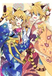 Rule 34 | 1boy, 1girl, :3, ahoge, animal ears, animal hands, bell, blonde hair, blue eyes, blue kimono, border, commentary, feet out of frame, floral print kimono, gloves, hair ornament, japanese clothes, kagamine len, kagamine rin, kimono, long sleeves, looking at viewer, one eye closed, open mouth, paw gloves, paw pose, red kimono, short braid, short hair, short ponytail, smile, tail, tiger boy, tiger ears, tiger girl, tiger tail, v, vocaloid, w, wide sleeves, yellow background, yellow gloves, yoshiki