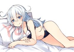 Rule 34 | 1girl, bad id, bad pixiv id, blue bra, blue eyes, blue hair, blue panties, blush, bow, bow panties, bra, closed mouth, hair between eyes, hibiki (kancolle), highres, kantai collection, long hair, looking at viewer, lying, navel, on bed, on side, panties, polka dot, polka dot bra, polka dot panties, simple background, smile, solo, suruga (xsurugax), underwear, underwear only, white background, yes-no pillow