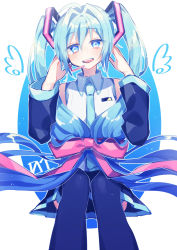Rule 34 | 1girl, absurdres, black skirt, blue eyes, blue hair, blue necktie, bow, detached sleeves, eyebrows, hands in hair, happy birthday, hatsune miku, highres, long hair, necktie, open mouth, red bow, runa usagi, skirt, solo, twintails, very long hair, vocaloid