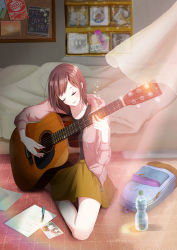 Rule 34 | 1girl, absurdres, bag, black shirt, bottle, brown hair, closed eyes, guitar, highres, hood, hood down, hooded jacket, hoodie, indian style, inika, instrument, jacket, music, open clothes, open jacket, original, pink hoodie, playing instrument, shirt, short hair, sitting, skirt, smile, solo, translation request, water bottle, yellow skirt