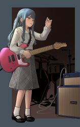 Rule 34 | 1girl, absurdres, amplifier, bang dream!, bang dream! it&#039;s mygo!!!!!, black footwear, black ribbon, blue hair, brown background, cloud nine (798392138), commentary request, drum, drum set, electric guitar, full body, grey background, grey skirt, guitar, hair ribbon, highres, holding, holding guitar, holding instrument, holding plectrum, instrument, long hair, long sleeves, mary janes, parted lips, plectrum, ribbon, shirt, shoes, skirt, socks, solo, togawa sakiko, two side up, white shirt, white socks, yellow eyes