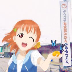 Rule 34 | 1girl, ;), artist name, artist request, blue butterfly, blue jacket, blush, bow, braid, breasts, bug, butterfly, clover hair ornament, collarbone, day, female focus, floating hair, food, fruit, hair ornament, highres, holding, holding orange, insect, jacket, looking at viewer, love live!, love live! school idol festival, love live! sunshine!!, one eye closed, orange (fruit), orange hair, parted lips, red eyes, shirt, short hair, short sleeves, side braid, single braid, small breasts, smile, solo, striped clothes, striped shirt, takami chika, white shirt, wink, yellow bow, zipper, zipper pull tab