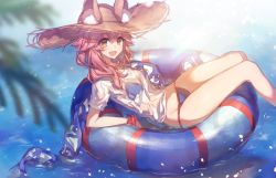 Rule 34 | 1girl, :d, animal ears, bare legs, bikini, bikini under clothes, blue bikini, blurry, bracelet, breasts, chocoan, commentary, day, depth of field, ears through headwear, fang, fate/grand order, fate (series), fox ears, fox tail, groin, hat, innertube, jewelry, long hair, looking at viewer, medium breasts, navel, open mouth, outdoors, palm leaf, partially submerged, pink hair, see-through, shawl, shirt, short sleeves, smile, solo, star (symbol), straw hat, sun hat, sunlight, swim ring, swimsuit, tail, tamamo (fate), tamamo no mae (fate/extra), tamamo no mae (swimsuit lancer) (fate), tamamo no mae (swimsuit lancer) (second ascension) (fate), water, wet, wet clothes, wet shirt, yellow eyes