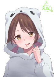 Rule 34 | 1girl, animal costume, animal hood, bear costume, bear hood, brown eyes, brown hair, highres, hood, kantai collection, lanthan, looking at viewer, low twintails, one-hour drawing challenge, open mouth, parted bangs, shirayuki (kancolle), short hair, short twintails, signature, simple background, smile, solo, teeth, twintails, upper body, upper teeth only, white background
