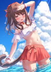 Rule 34 | 1girl, :d, animal ears, bell, bikini, blue sky, bow, breasts, brown hair, cat ears, cat girl, cat tail, choker, cloud, facial mark, fang, final fantasy, final fantasy xiv, hair bow, highres, long hair, lulinco, miniskirt, miqo&#039;te, navel, neck bell, open mouth, pink eyes, pleated skirt, ponytail, red choker, red skirt, skirt, sky, small breasts, smile, stomach, swimsuit, tail, wading, warrior of light (ff14), water, wet, whisker markings, white bikini, wrist cuffs
