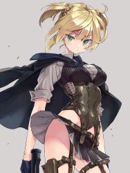 Rule 34 | 1girl, black gloves, blonde hair, bolt action, braid, breasts, contrapposto, corset, covered navel, cowboy shot, girls&#039; frontline, gloves, green eyes, grey background, gun, handgun, highres, hiyo moo, holster, integral suppressor, integrally-suppressed firearm, jacket, jacket on shoulders, looking at viewer, manual firearm, medium breasts, miniskirt, necktie, no panties, pleated skirt, short twintails, simple background, skirt, solo, suppressor, thigh holster, twintails, underbust, v-shaped eyebrows, weapon, welrod, welrod mk ii, welrod mkii (girls&#039; frontline), wind, wind lift